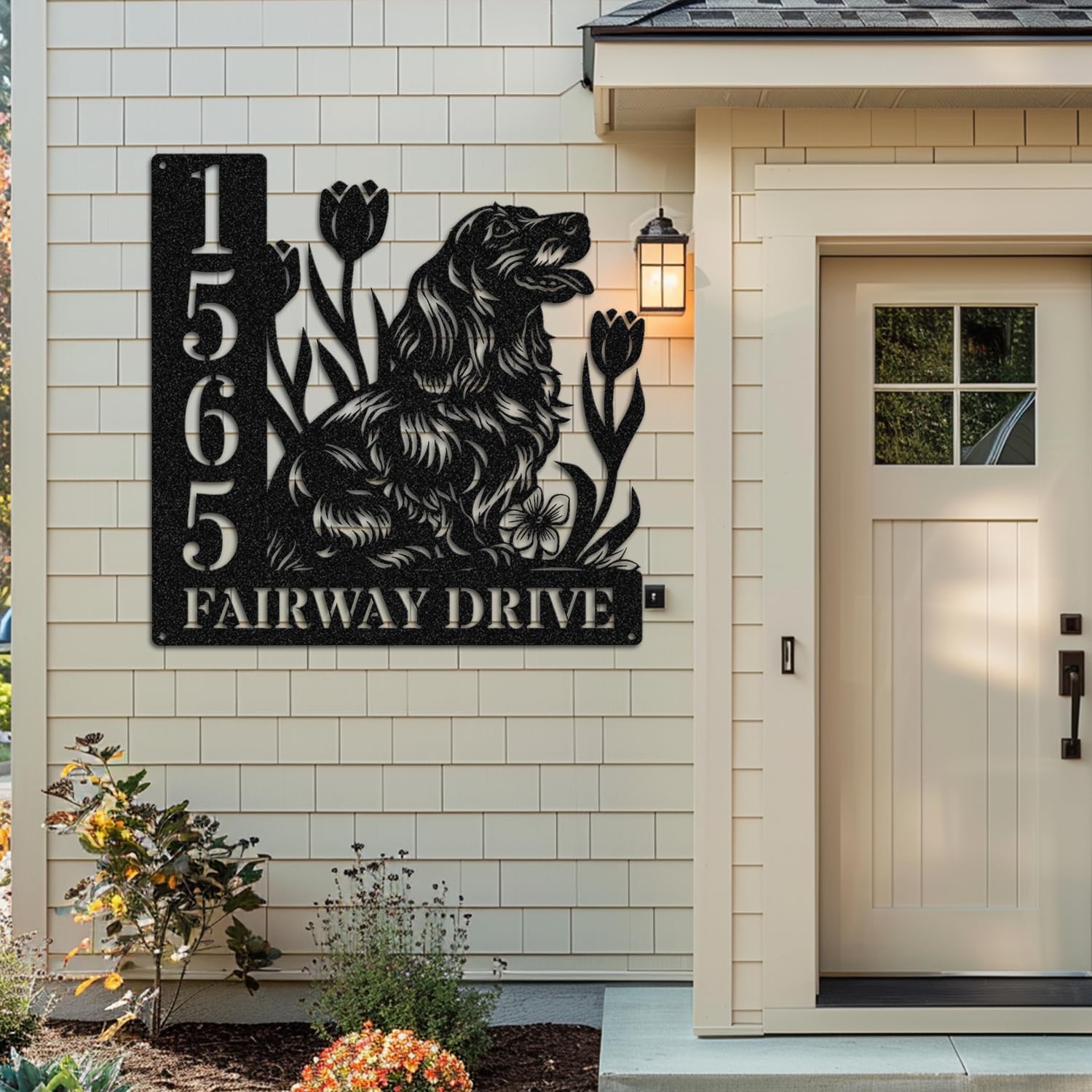 Personalized Address Sign, Long Hair Dachshund Sitting on Tulip Address, Custom House Number Plaque, Custom Metal Wall Decor for Outdoor (Long Hair Dachshund)