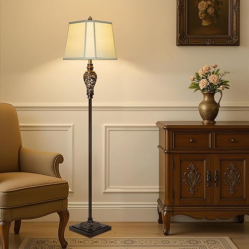 Miniatura 4 de Lámpara de pie vintage con luz nocturna, lámpara de pie retro de 65 pulgadas con acabado marrón y pantalla de seda sintética beige, lámpara alta de