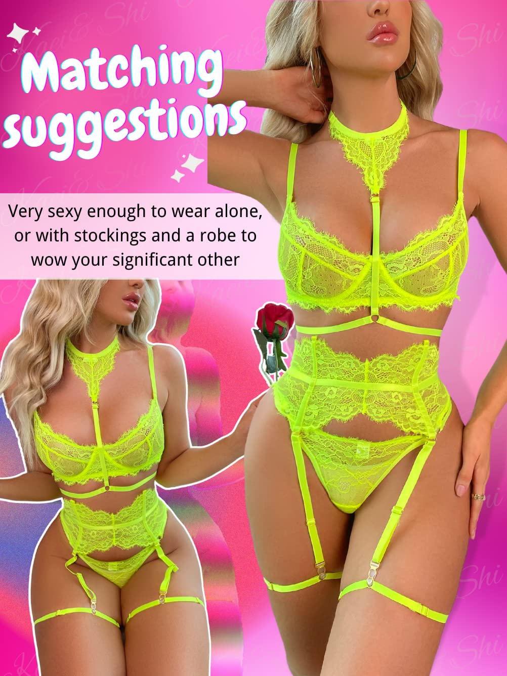 Kaei&Shi Garter Lingerie Set for Women, Sexy Floral Lace, Strappy High Waisted Hide Belly, 4 Piece with Exotic Choker Belt: 0-2 Neon Green