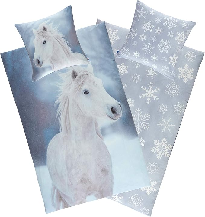 Aminata Kids Beddengoedset, paard, 135 x 200 cm 80 x 80 cm, van katoen met YKK-ritssluiting, kinderbeddengoed met paardenbeddengoedmotief, paardenmotief, schimmel