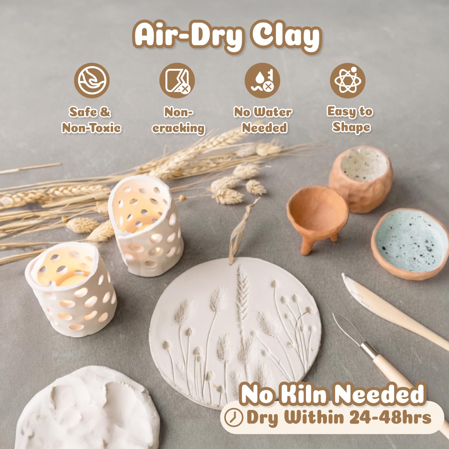 Gleamkid Kit de arcilla seca al aire para adultos, kit de cerámica para principiantes para adultos, juego de cerámica de 43 piezas con pinturas acrílicas, sellos y herramientas, perfecto para