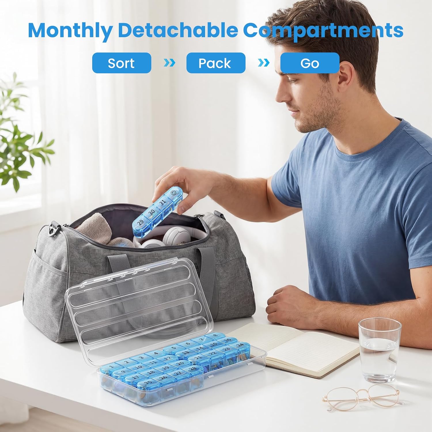 Daviky Monthly Pill Organizer 1 Time a Day, 30 Day Pill Box, Single-Hand Easy Open Pill Case for Travel, Daily Vitamins & Supplements for Seniors