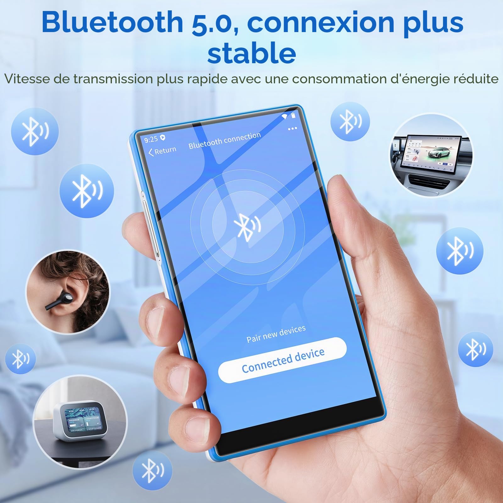 96Go Lecteur MP3 avec Bluetooth et WiFi, Lecteur MP4 avec Écran Tactile de 5 Pouces et Haut-parleurs, Baladeur MP3 avec Spotify, Deezer, Amazon Music, Bleu & Blanc