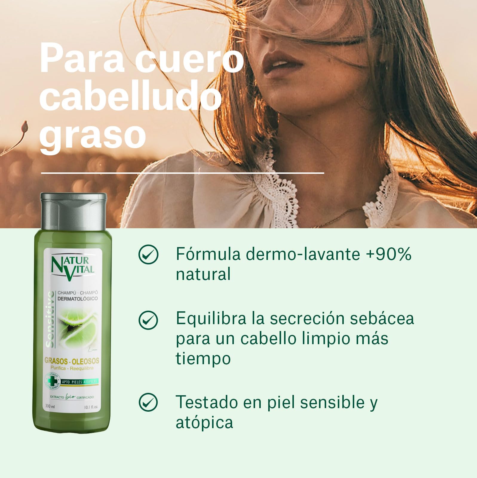 NaturVital - Champú Sensitive, Sin Parabenos ni Siliconas, Champú Natural para Pelo Graso, Dermatológico para Piel Atópica y Cuero Cabelludo Sensible, 300ml