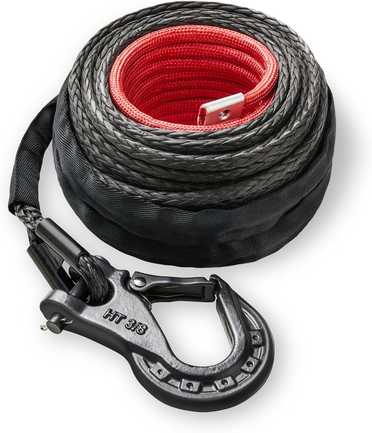 CALLIERT Synthetic Winch Rope Cable Kit 3/8'' x 80Ft Black 24000LBS Heavy Duty Winch Cable with Forged Hook and Safety Pull Red Strap for 4WD Off Road Vehicle Truck SUV