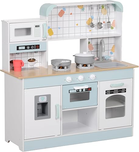 Qaba Juego de cocina, juego de cocina para niños, juego de cocina con máquina de café, máquina de hielo, estufa, microondas, horno, sonido y luces