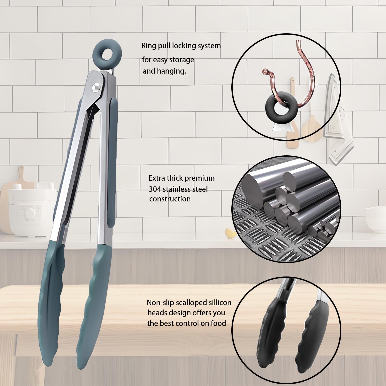 Pinzas de cocina con puntas de silicona, pinzas para cocinar, resistentes al calor, pinzas de bloqueo de acero inoxidable de 600 grados, juego de 3 a 7 pulgadas, 9 pulgadas y 12 pulgadas 5
