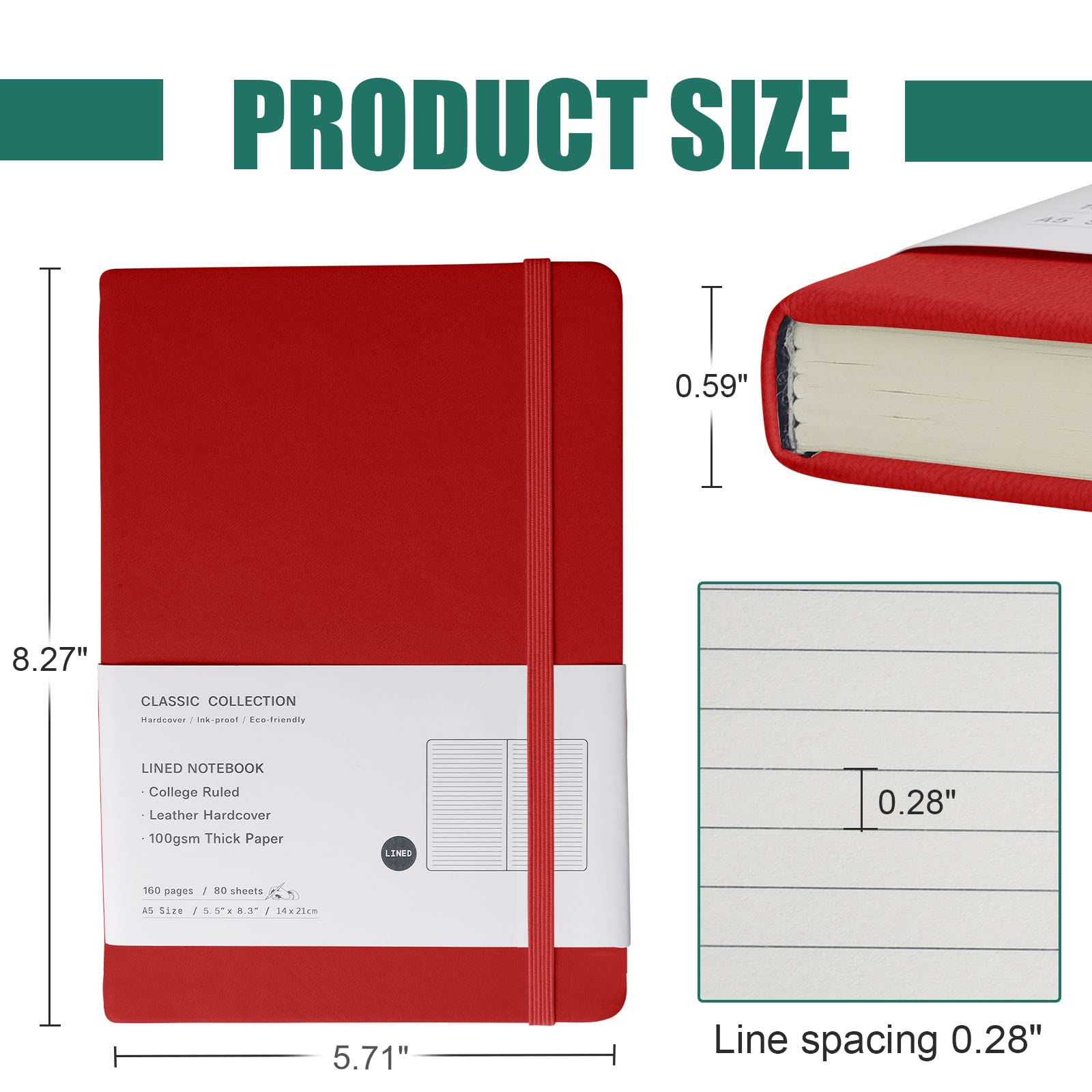 Quaderno a righe, confezione da 6 pezzi, 160 pagine, medio 14,5 x 20,3 cm, carta spessa 100 g/m², copertina rigida