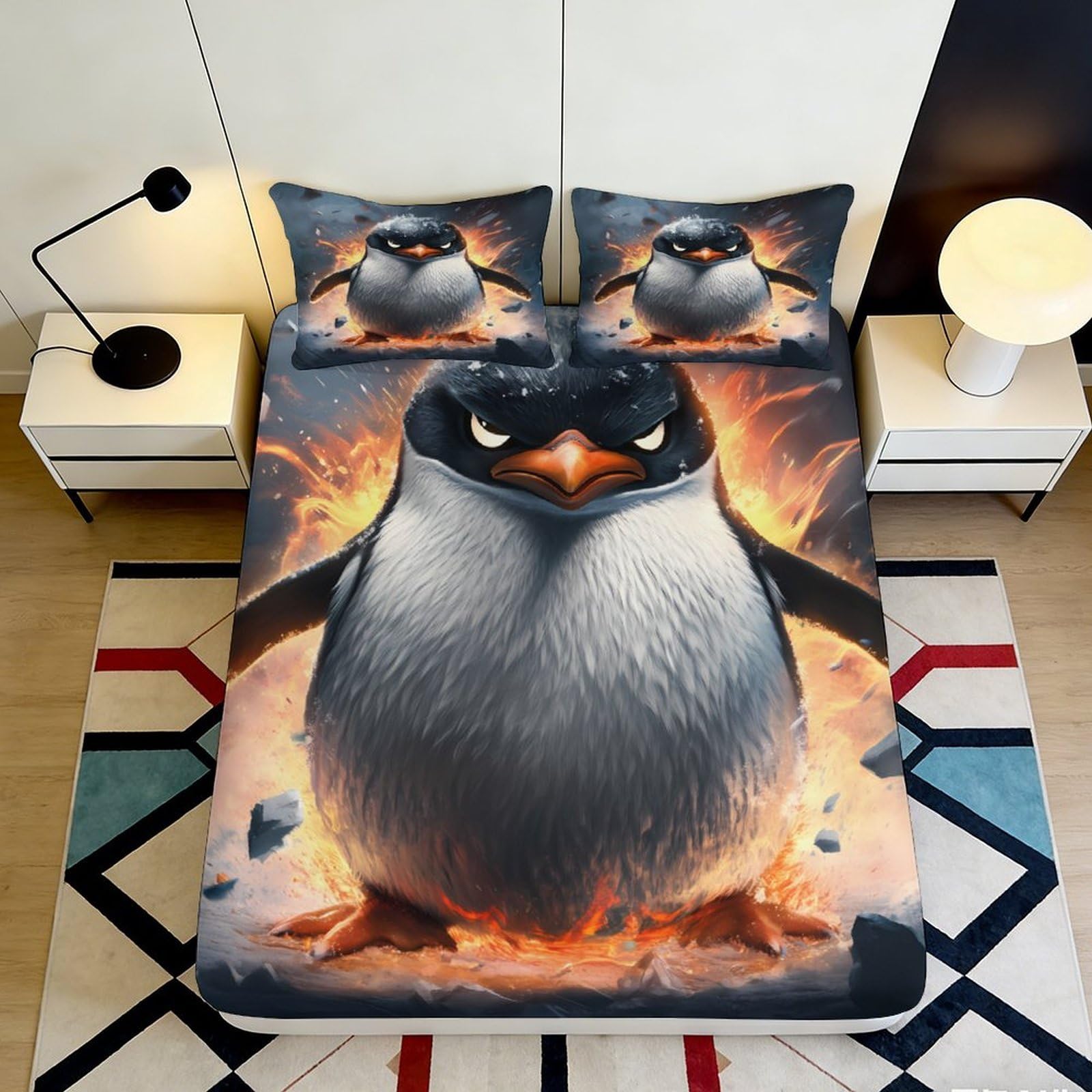 3D Printed Angry Penguin Fitted Sheet Microfiber Soft Durable Fiery Bird Bed Cover for Bedroom Dormitory Guest Room Mattress Protection 120x200x25cm