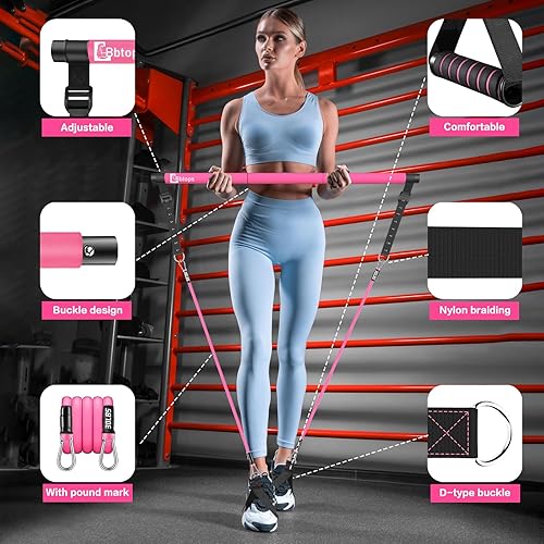 Miniatura 4 de Kit de barra de pilates Bbtops con bandas de resistencia, barra de pilates con bandas apilables, equipo de entrenamiento para piernas, cadera, Rosa
