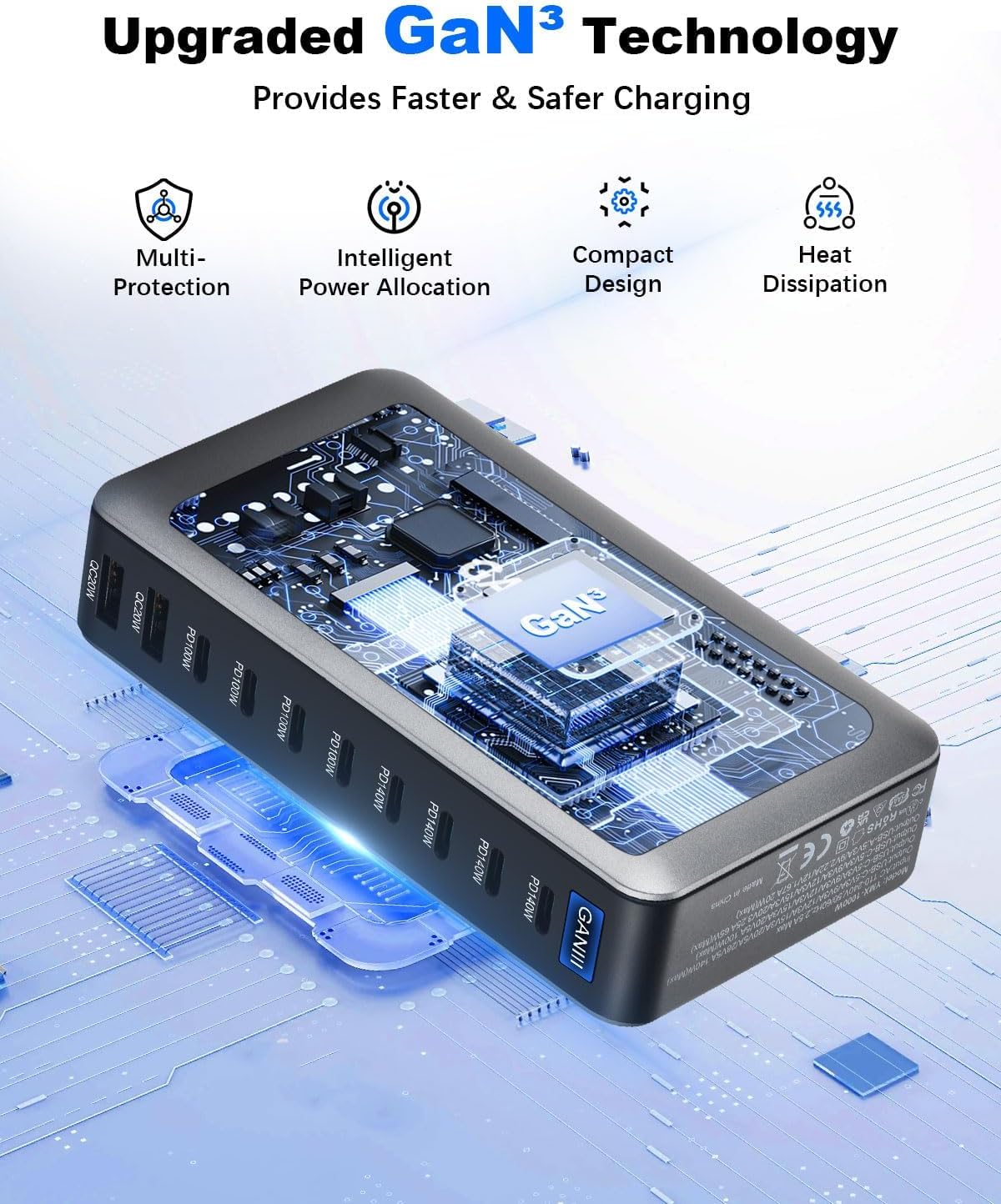 Caricatore USB C da 10 in 1 e 1000 W, multiplo GaN 4 Max PD140 W/100 W QC20 W, ricarica rapida (8C+2A) compatibile con MacBook Pro/Air, Pad, iPh0ne, HP, Galaxy S25 ecc