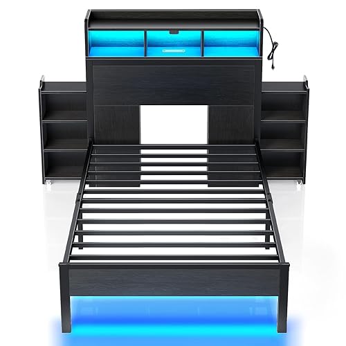 Rolanstar Twin Bed Frame with Bookcase Storage Headboard, Slide Out