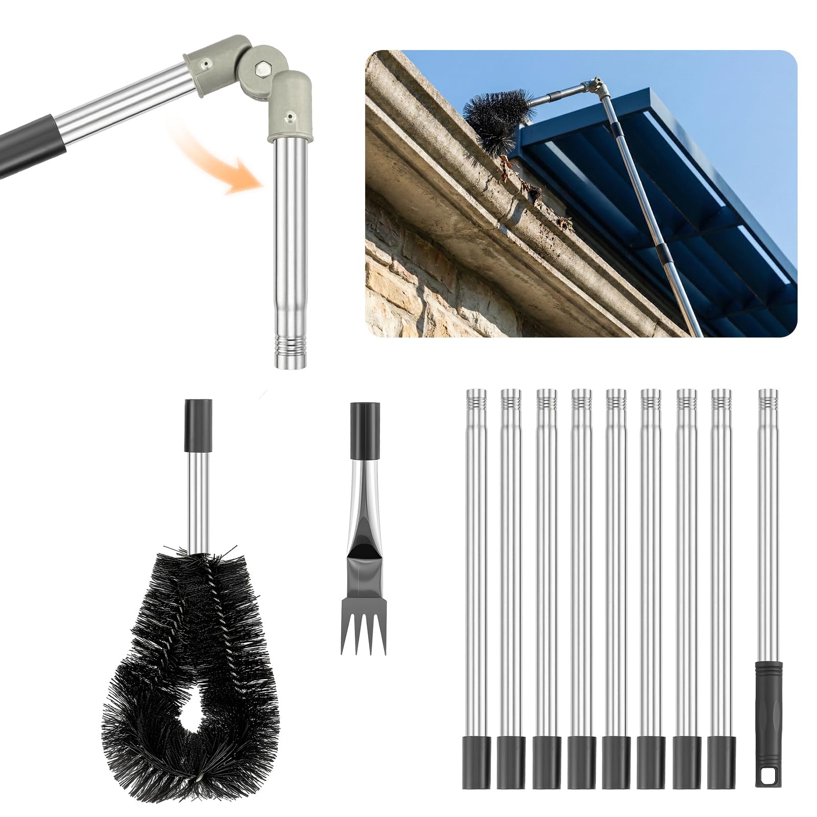 EVERGOODS 4M Gutter Cleaning Kit – Telescopic Pole with Adjustable Angle Sweeper, Stainless Steel Extension Rod, and Gutter Rake for Effortless Removal of Leaves, Dirt, and Debris