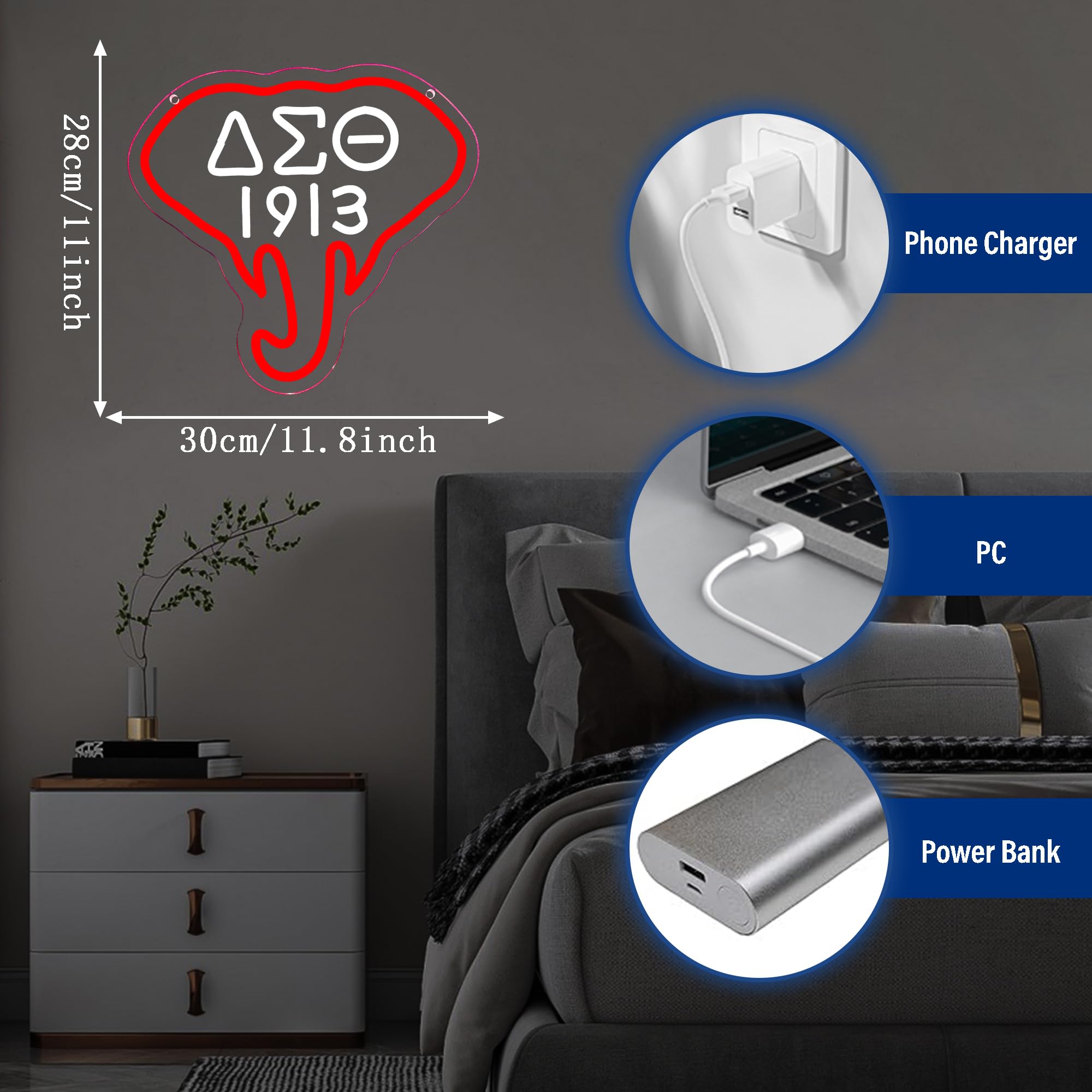 1913 Sorority Insegna al neon, dimmerabile, con elefante rosso, luci al neon per decorazione da parete, insegna greca con lettere greche alimentate tramite USB, regalo per feste e amiche (30 x 28 cm)