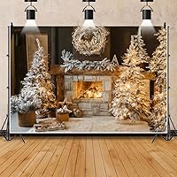 Vista 2 de Leowefowa Telón de fondo de fotos de Navidad de 5x3 pies Fondo de guirnalda de chimenea de invierno Chimenea vintage de Navidad Árbol de Navidad
