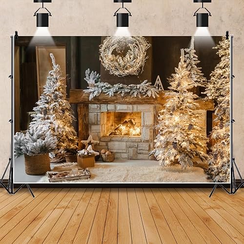Miniatura 2 de Leowefowa Telón de fondo de fotos de Navidad de 5x3 pies Fondo de guirnalda de chimenea de invierno Chimenea vintage de Navidad Árbol de Navidad
