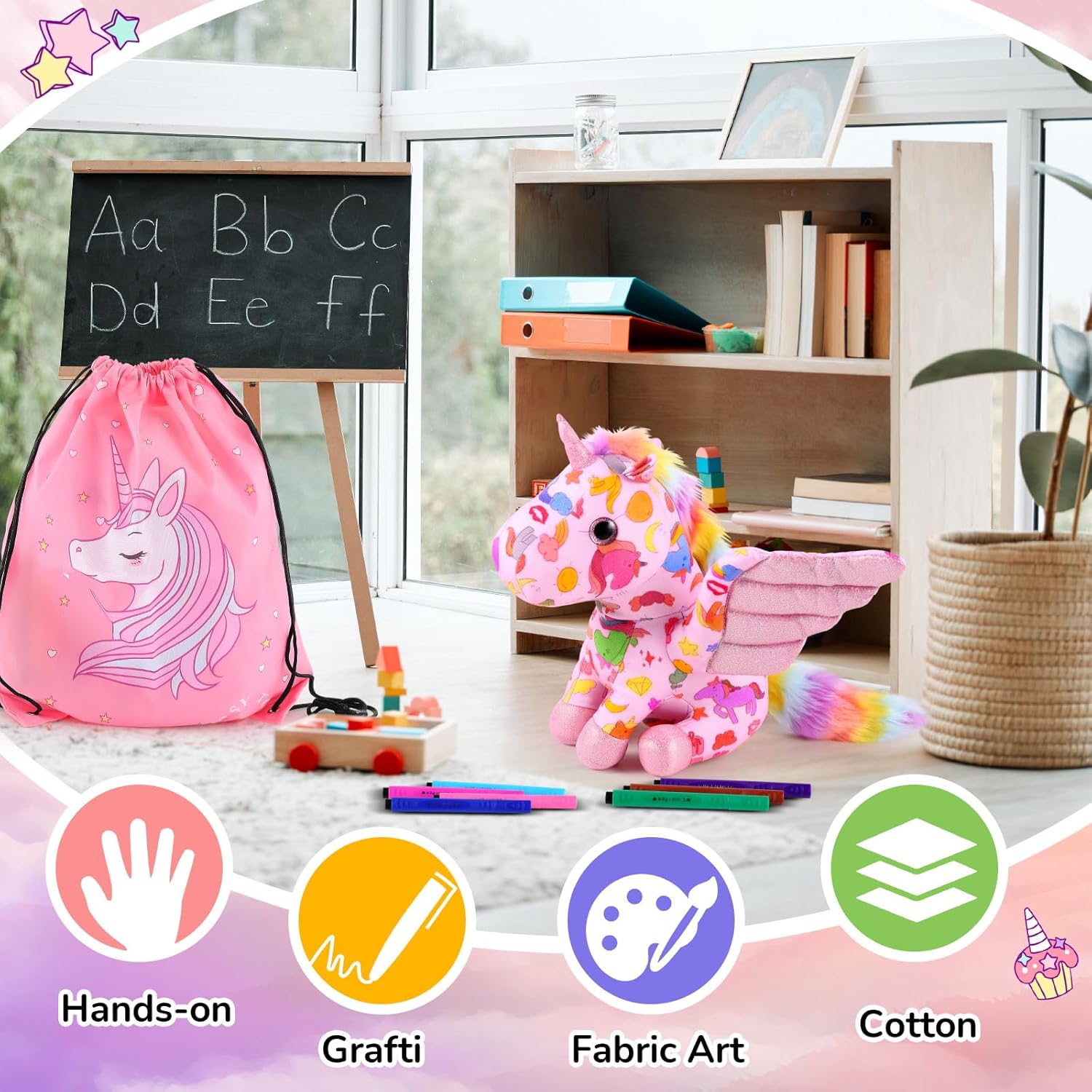 Realspring 11" Coloring Unicorn Plush Toy with 12 Washable Marker for Little Girl DIY Coloring Unicorn Stuffed Animal Toy Soft Doodle Doll Art and Craft Painting for Kids Birthday Gift School