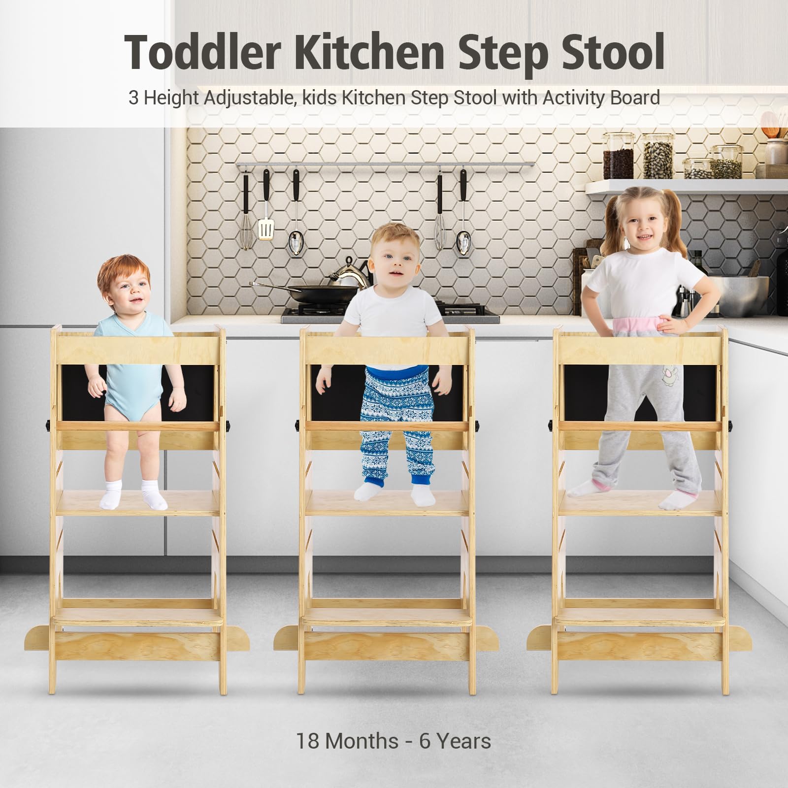 pädagogisch wertvoll Lernturm aus Holz für Kleinkinder | Verstellbarer Küchenhelfer/Tritthocker - rutschfest & kippsicher - mit Sicherheitsgeländer & Tafel - inkl. LCD-Zeichentafel