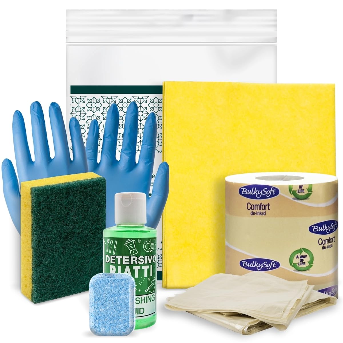 Kit cortesia Residence 004G, set pulizia cucina 7 pezzi per appartamenti, campeggi e B&B - (Cartone da 20 kit)