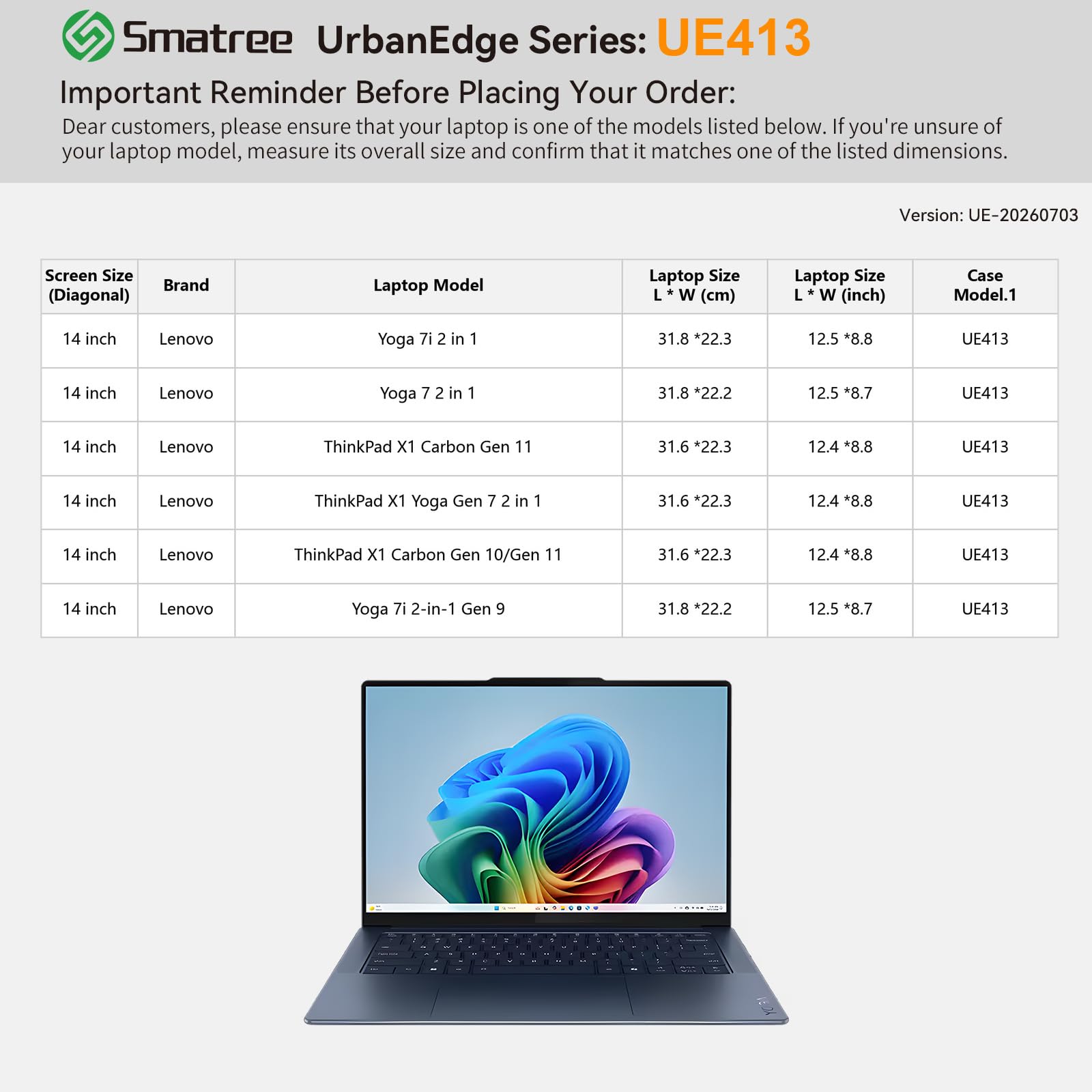Smatree UrbanEdge Etui na laptopa do 14 cali Lenovo Yoga 7i/7 2 in 1;ThinkPad X1 Yoga Gen 7 2 in 1;ThinkPad X1 Carbon Gen 10/11;Yoga-7i 2-in-1 G9,z kieszenią na akcesoria(UE413)