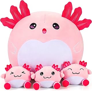 4PCS Axolotl Plush Toys Pillow, 11'' Axolotl Mommy with 3 Babies, Cute Pink Salamander Axolotl Stuffed Animal Plushie Toy Doll for Kids Girls Girlfriend Birthday Gift Home Decor