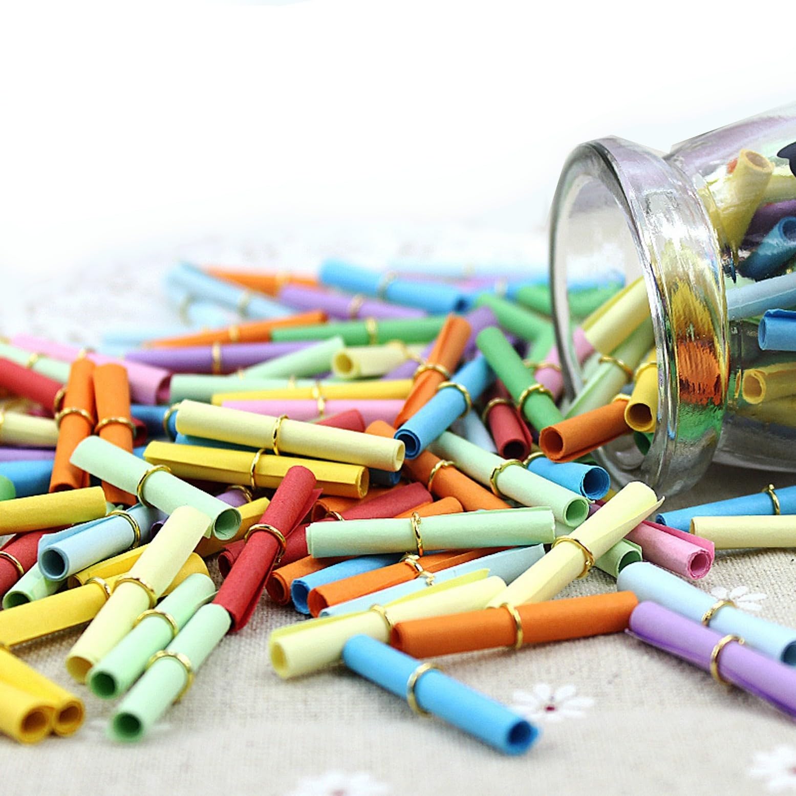 JZK 300x Multicolor mini Message Paper Scrolls with Rings for Message-in-a-Bottle, Tiny Small Note Paper roll for Valentine Gift, Wishing, Raffle, Treasure Hunts, Secret Notes