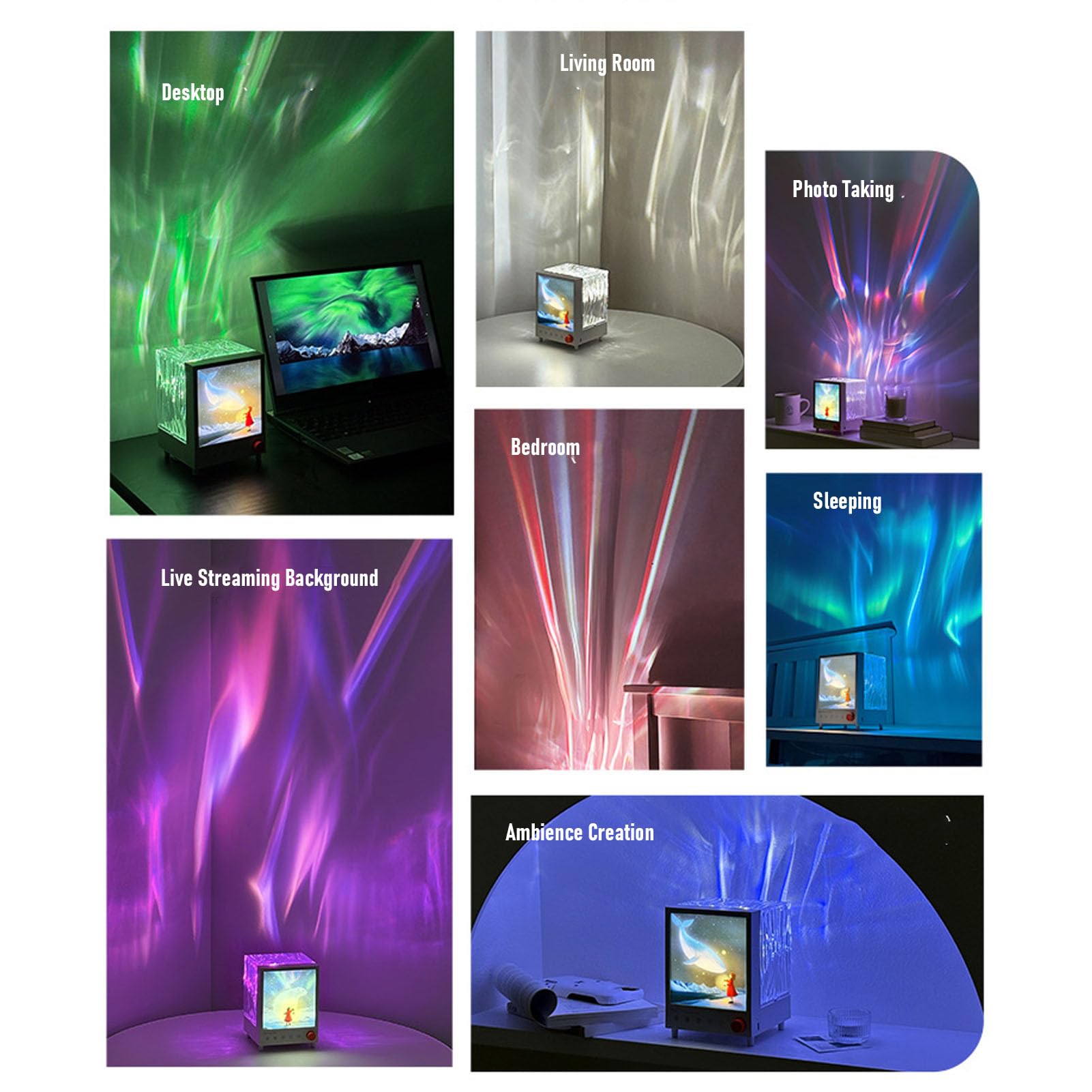 Luocute Proiettore di Luci Ambientali, Luce Notturna con Proiezione D'acqua a 7 Colori con Altoparlante e 8 Suoni di Rumore Bianco, per Camera da Letto, Bagno, Soggiorno, Relax,