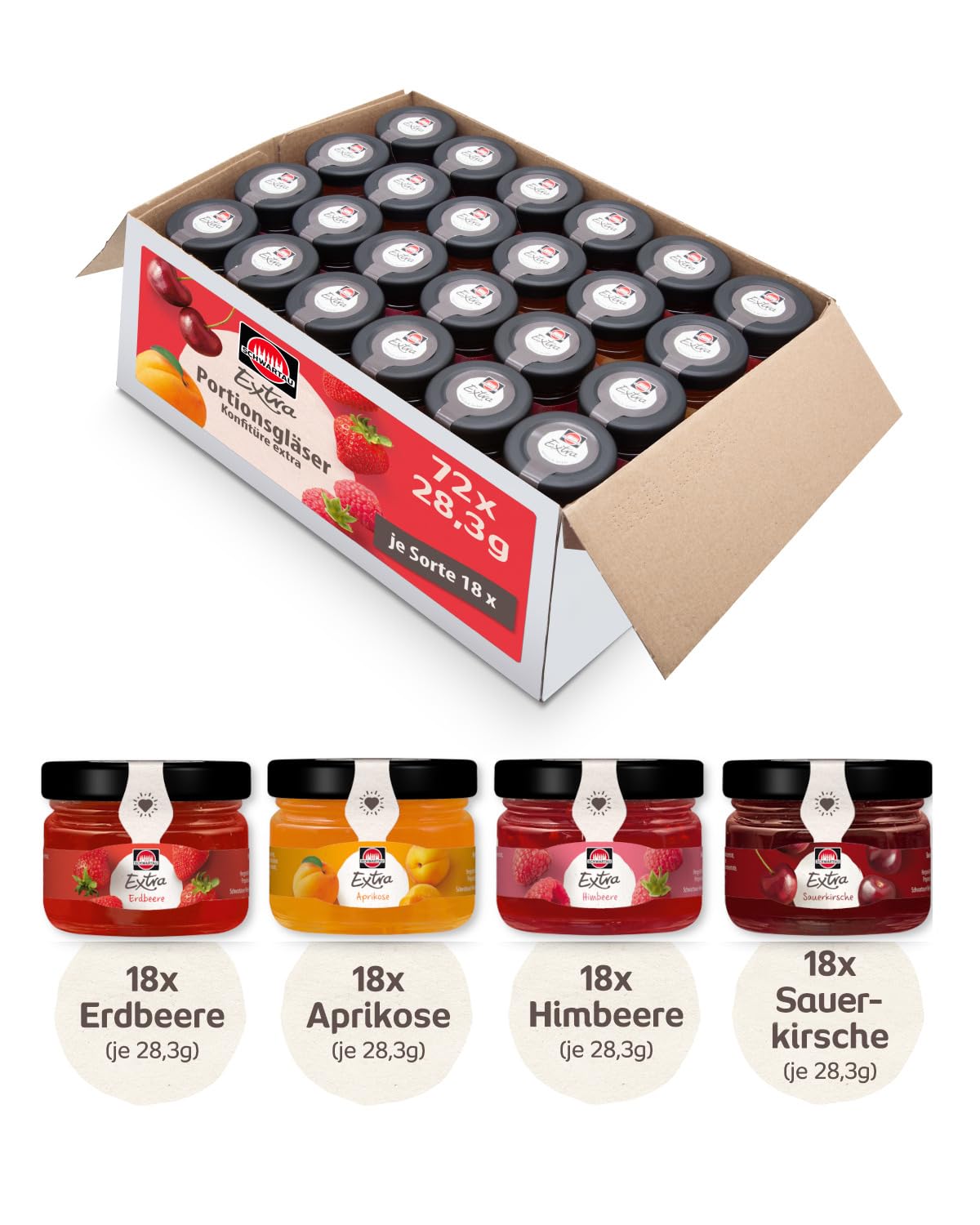 Schwartau Extra Mix-Box, Konfitüre Portionsgläser (18 x Erdbeere, 18 x Himbeere, 18 x Aprikose, 18 x Kirsche), 72 x 28,3g