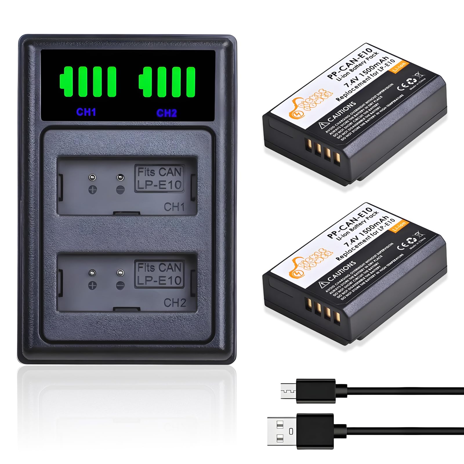 Pickle Power 2Pcs 1500mAh LP-E10 Battery and Charger for Canon EOS 2000D 1300D 1200D 1100D 1500D 3000D 4000D Kiss X50 X70 X80 X90 Rebel T3 T5 T6 T7 T100