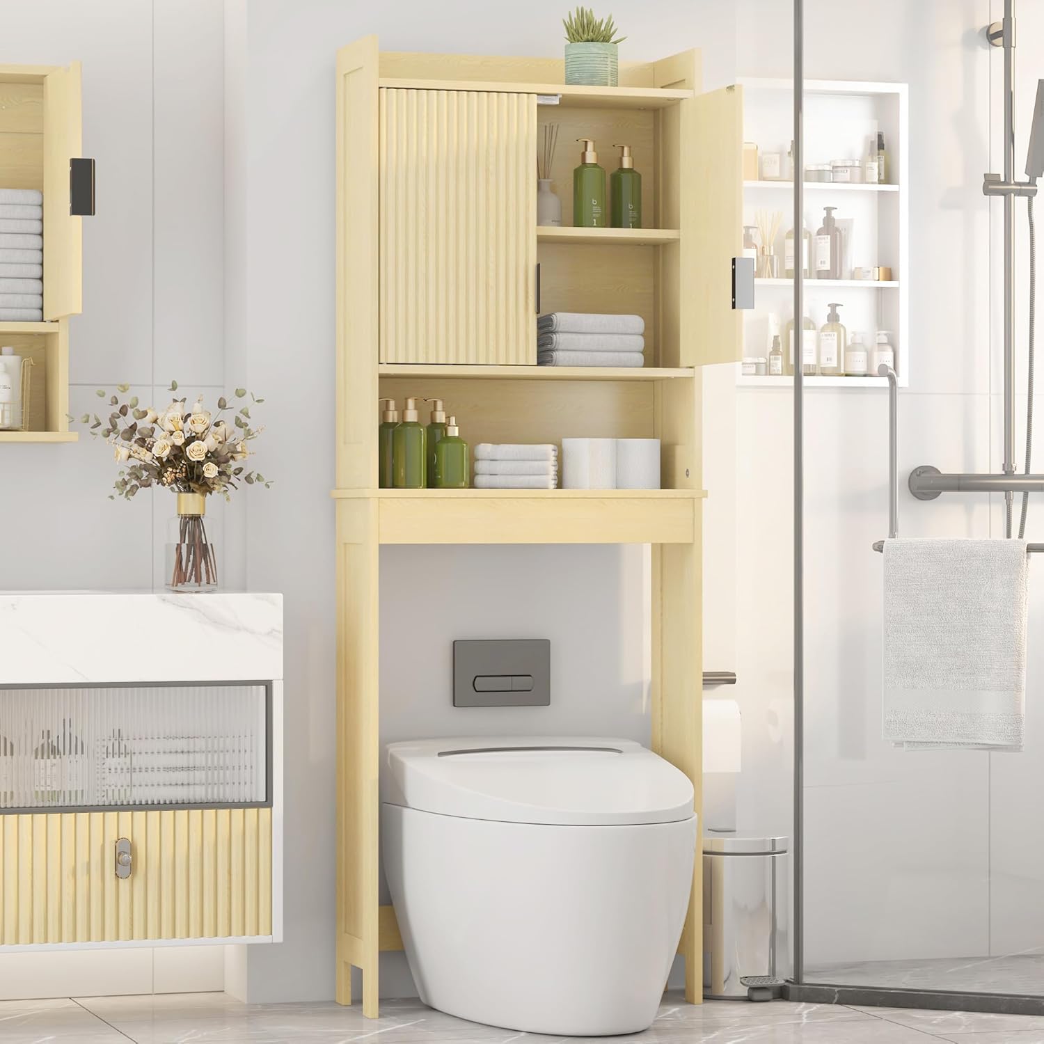 Over The Toilet Storage Cabinet,Behind Toilet Bathroom Organizer with Anti-tip,Space-Saving Toilet Shelf with Storage,Stylish Wave Pattern & Hidden Handle,Bathroom Shelf for Restroom/Laundry