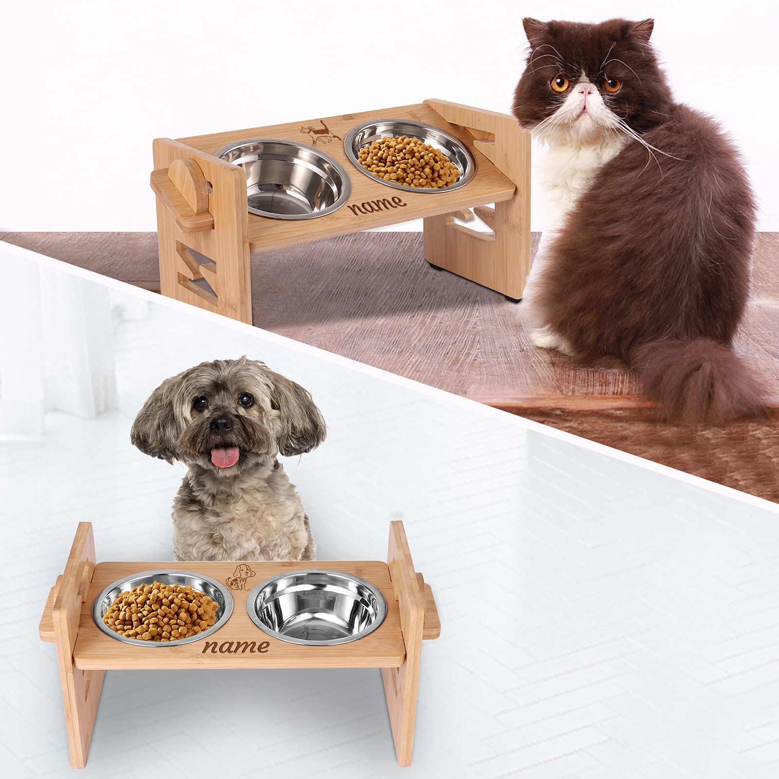 Hundenapf HöHenverstellbar Mit Namen, OXYEFEI Katzennapf ErhöHt Bambus Ergonomischer Futternapf Katze Personalisiert mit Ständer Edelstahlnapf für Haustier