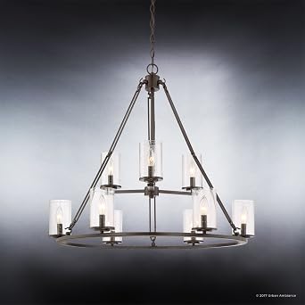 Urban Ambiance Luxury Industrial Two-Tier Chandelier, Large Size: 30 H x 33 W, with Western Style Elements, Rectangular Link Design, Elegant Estate Bronze Finish and Seeded Glass, UQL2131