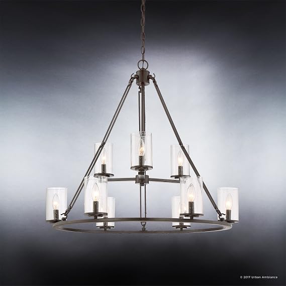 Urban Ambiance Luxury Industrial Two-Tier Chandelier, Large Size: 30 H x 33 W, with Western Style Elements, Rectangular Link Design, Elegant Estate Bronze Finish and Seeded Glass, UQL2131