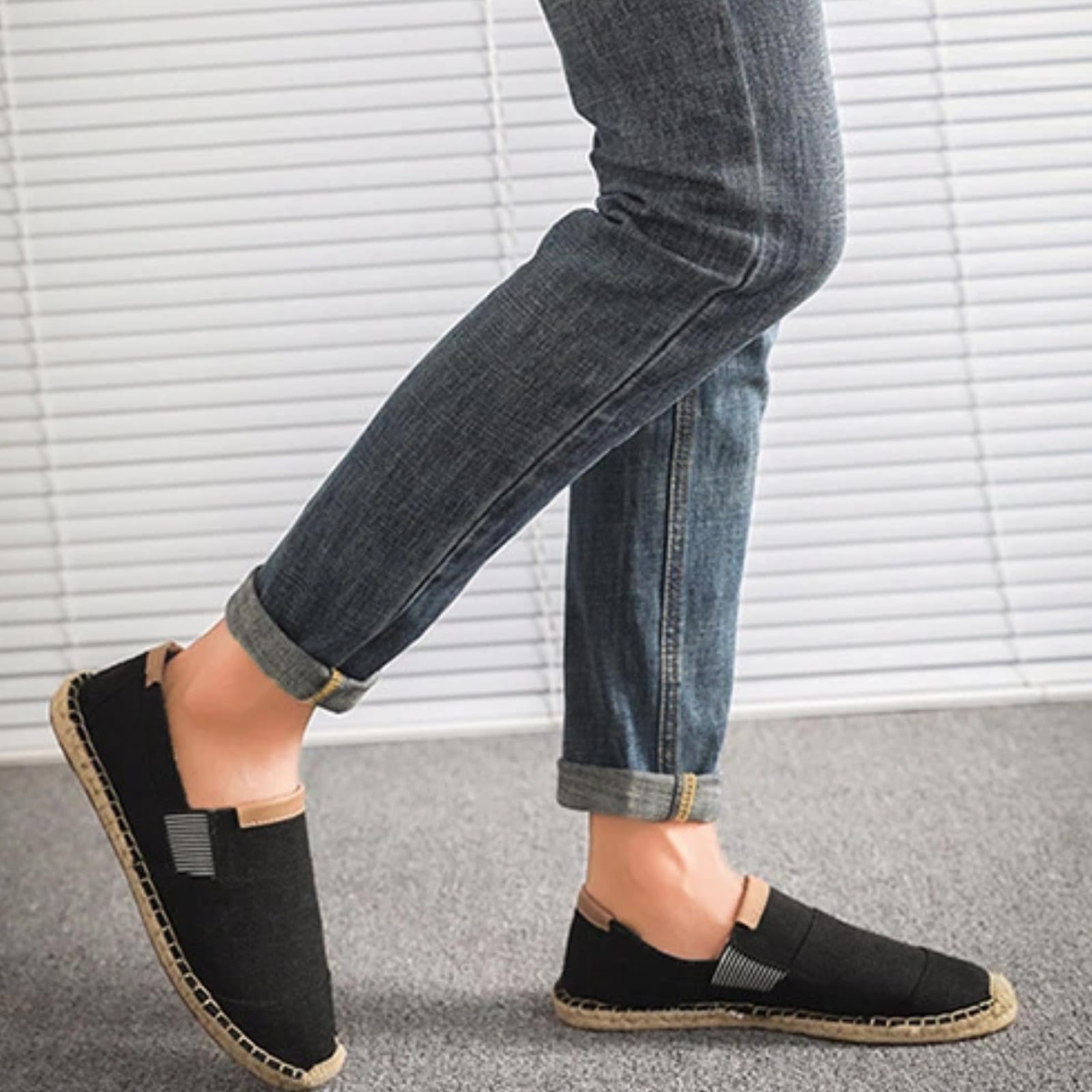 Scarpe Uomo Lino Tela Espadrille Pescatore Casual(Nero,42)
