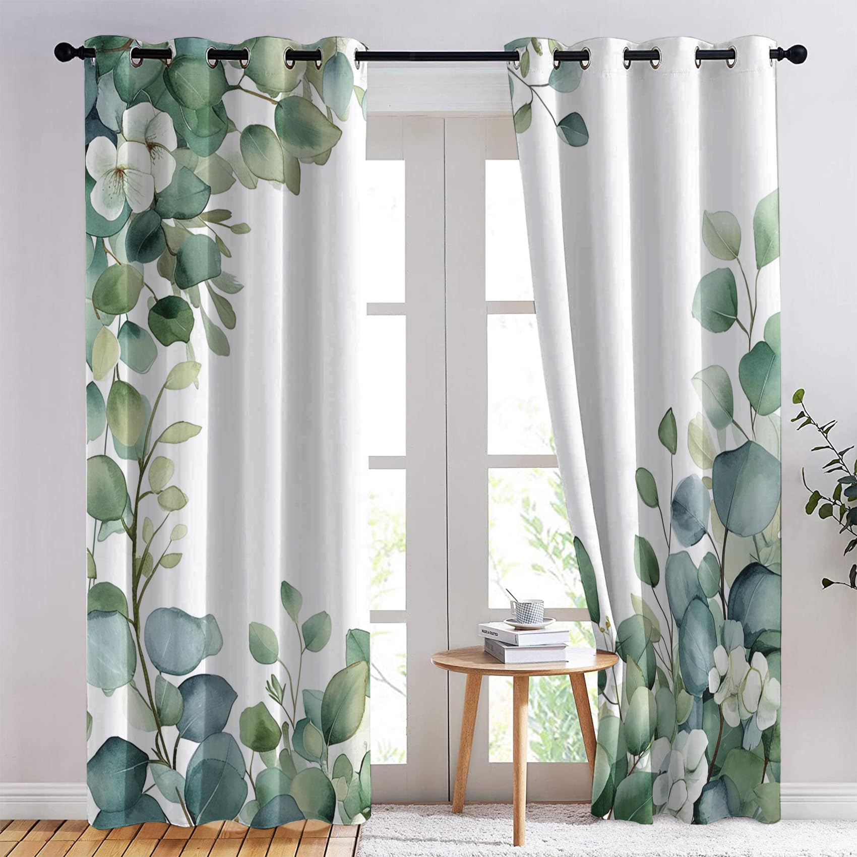 Rideau Occultant Eucalyptus, Feuille Verte Motif Rideaux Thermiques à Oeillets, Rideaux Imprimé pour Salon Chambre Fenetre Moderne Décoration, 140x220 cm (L x H), Lot de 2