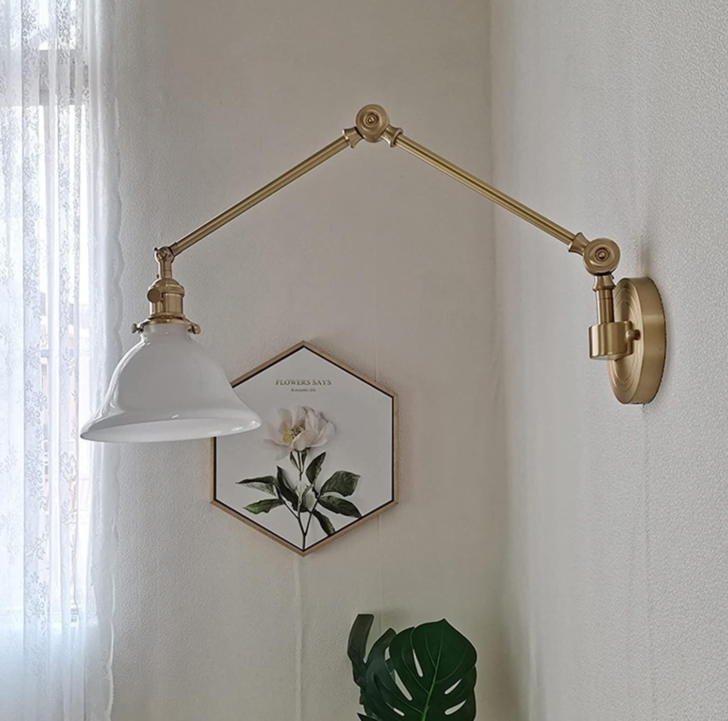 ASerZenith Long Arm Dimmable Gold With Remote Control, Industrial Wall Sconce Brass V-Intage With Glass Shade, Swing Wall Sconce