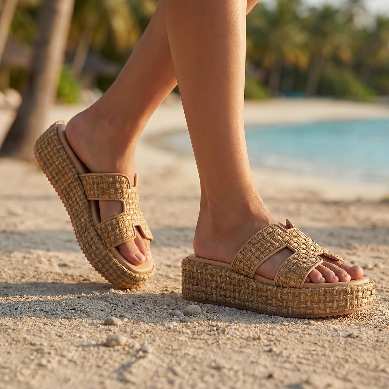 Monrovia Raffia Platform Sandals for Women Slip-On Espadrille Wedges Slides, Flatform Woven Straw Summer Vacation Beach Shoes thumbnail
