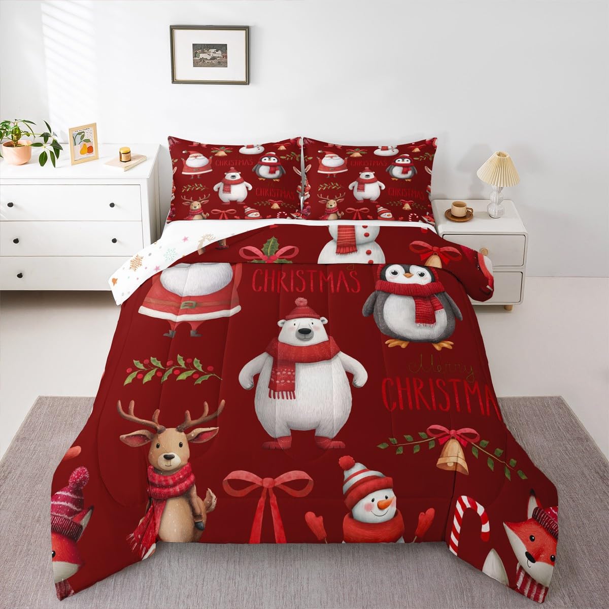 Erosebridal Cartoon Deer Comforter Set Twin, Kids Merry Xmas Bedding Set Children Penguin Snowman Down Comforter Boys Girls Christmas Bell Branches