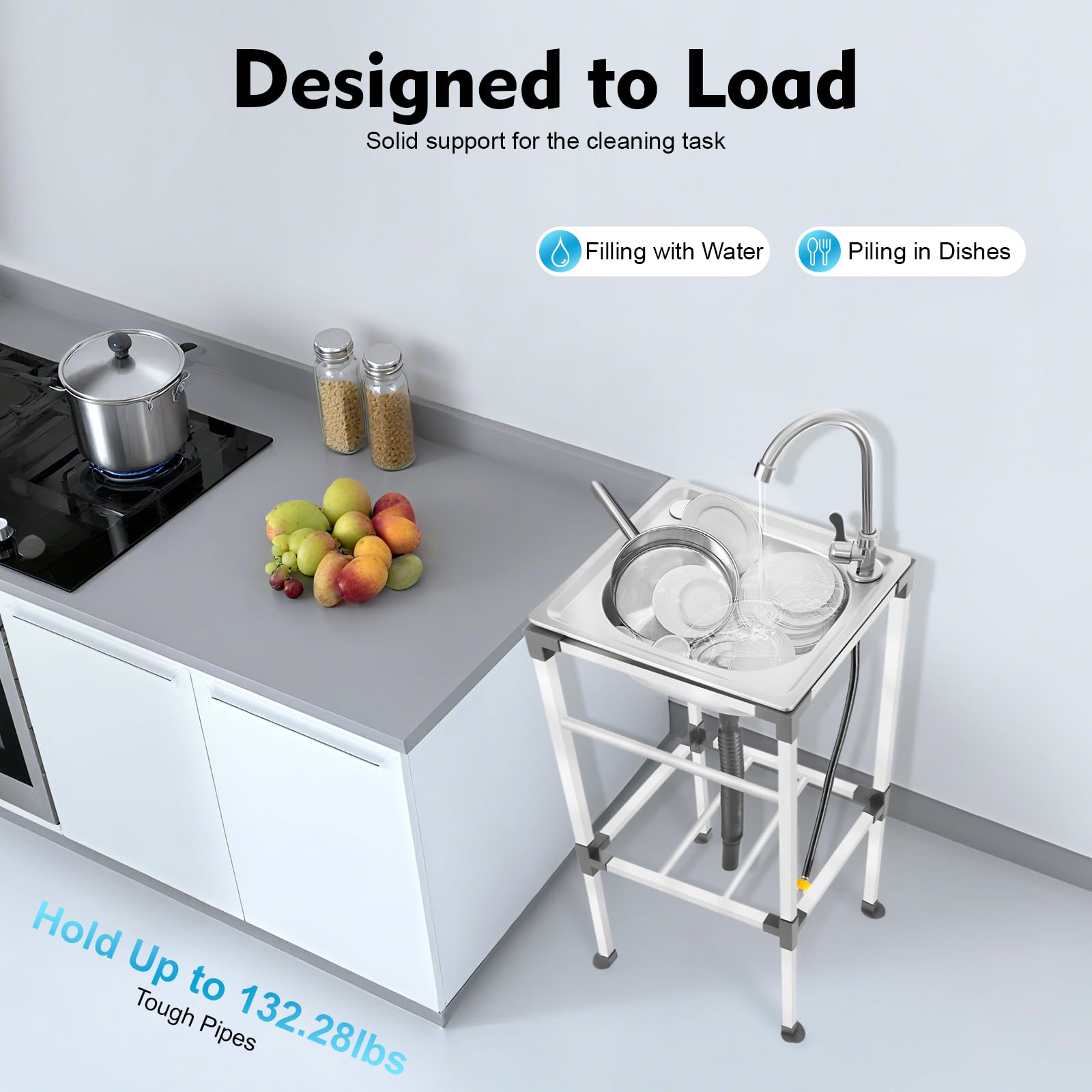 Fregadero independiente de acero inoxidable, fregadero de cocina, lavabo, lavabo con grifo, fregadero móvil de acero inoxidable con dispositivo de drenaje para cocina, restaurante, garaje, 42 x 37 x