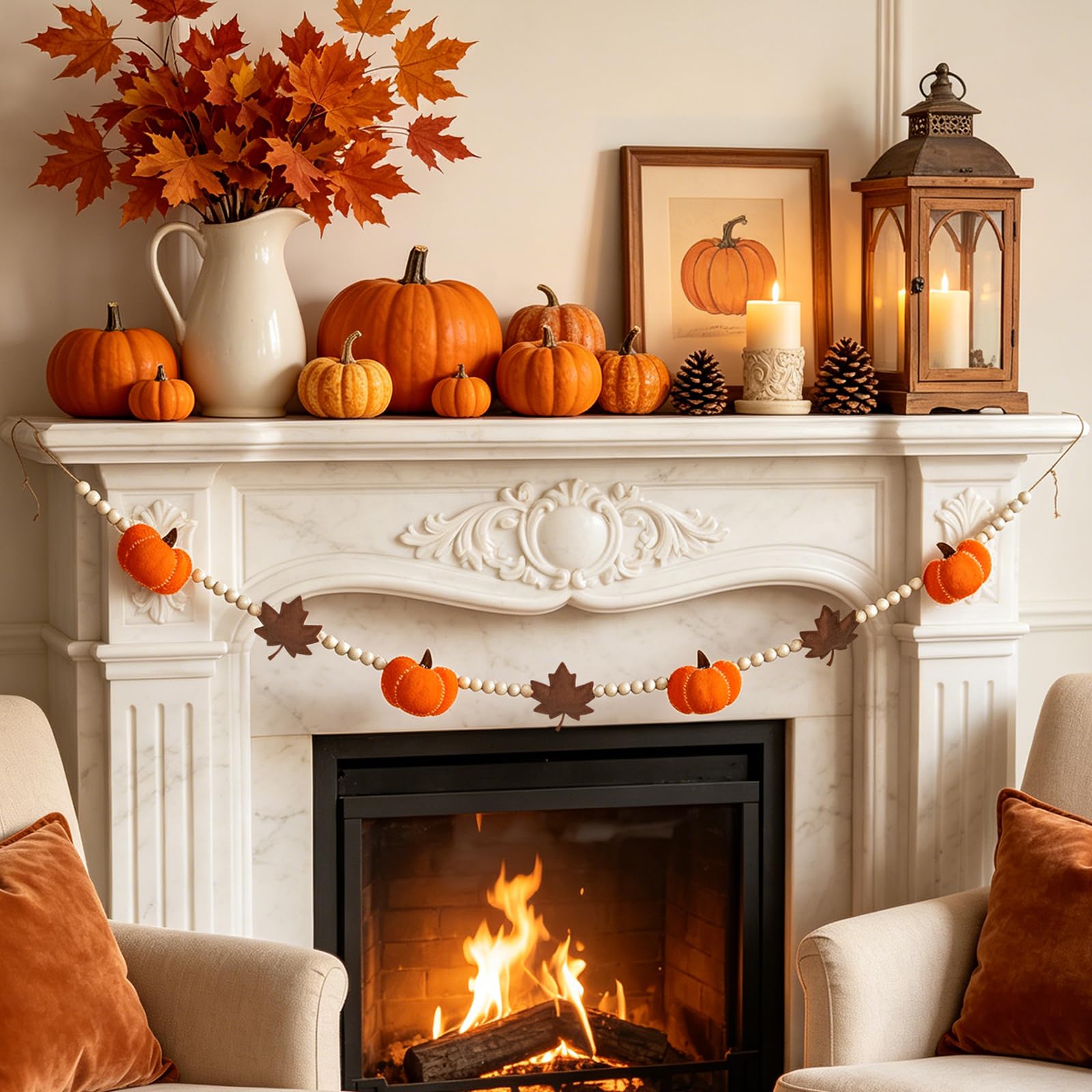 Felt orange pumpkins and brown maple leaves threaded with wood beads