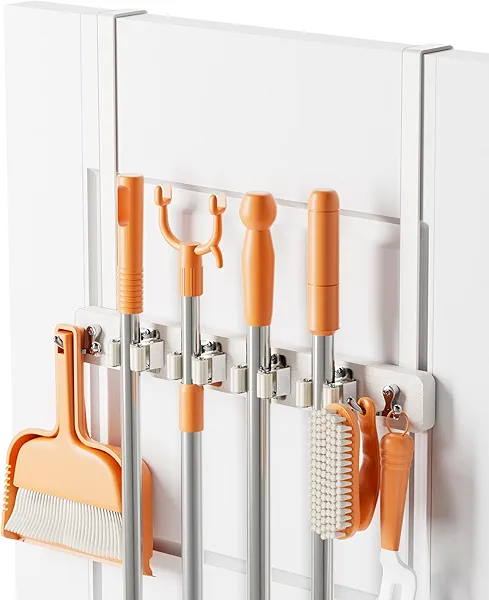 Vosturdy Mop and Broom Holder Wall Mount, No Drill Over the Door Broom and Mop Holder with 4 Slots and 2 Hooks, Wood Tool Hanger for Laundry, Cabinet, Kitchen, Garage