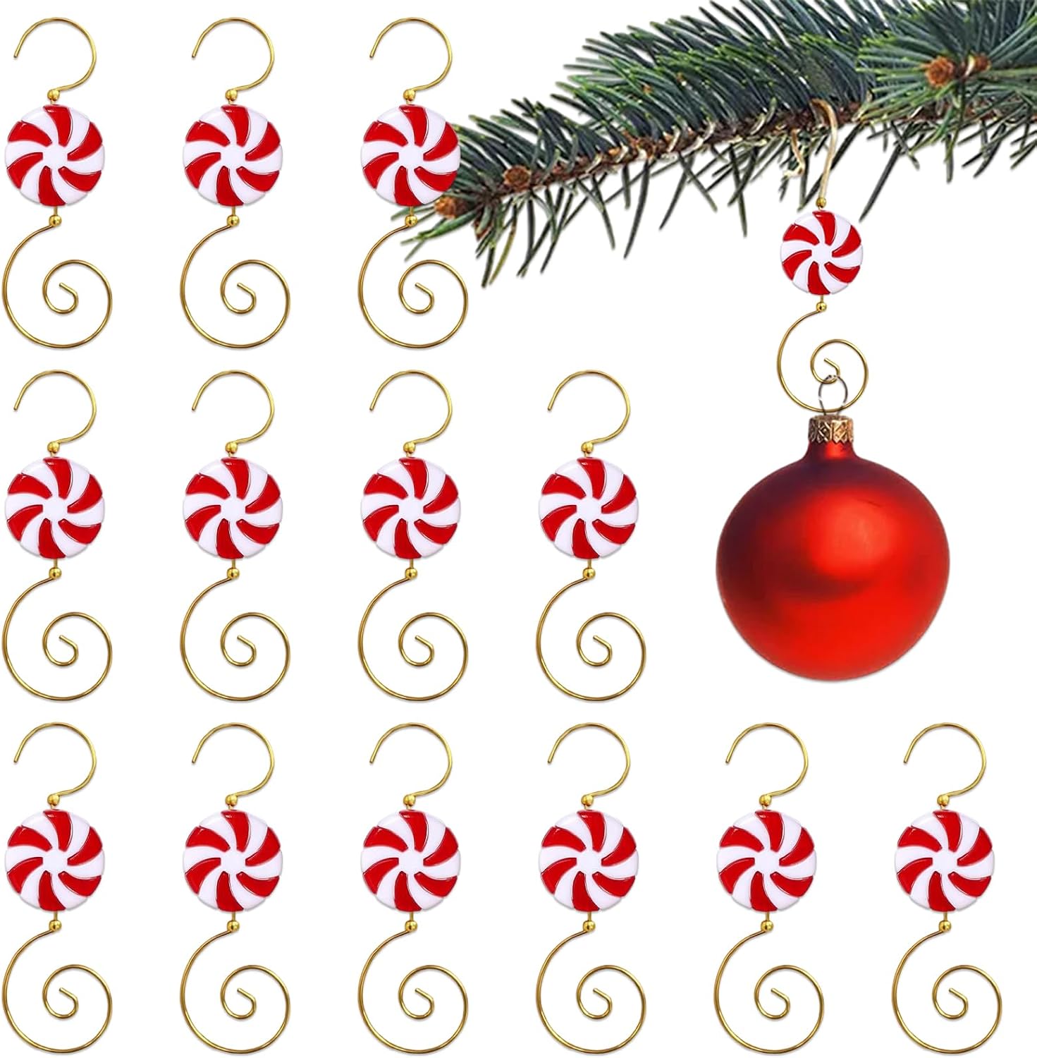 10 Pcs Ornament Hooks Metal Christmas Tree Red White Circular Candy Design Hangers Swirl Holiday Decorations