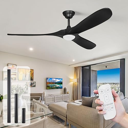 60 Inch Black Ceiling Fan without Lights, Outdoor Ceiling Fans for Patio with Wall Control and Remote Control, Modern Farmhouse Gold Ceiling Fan, 3