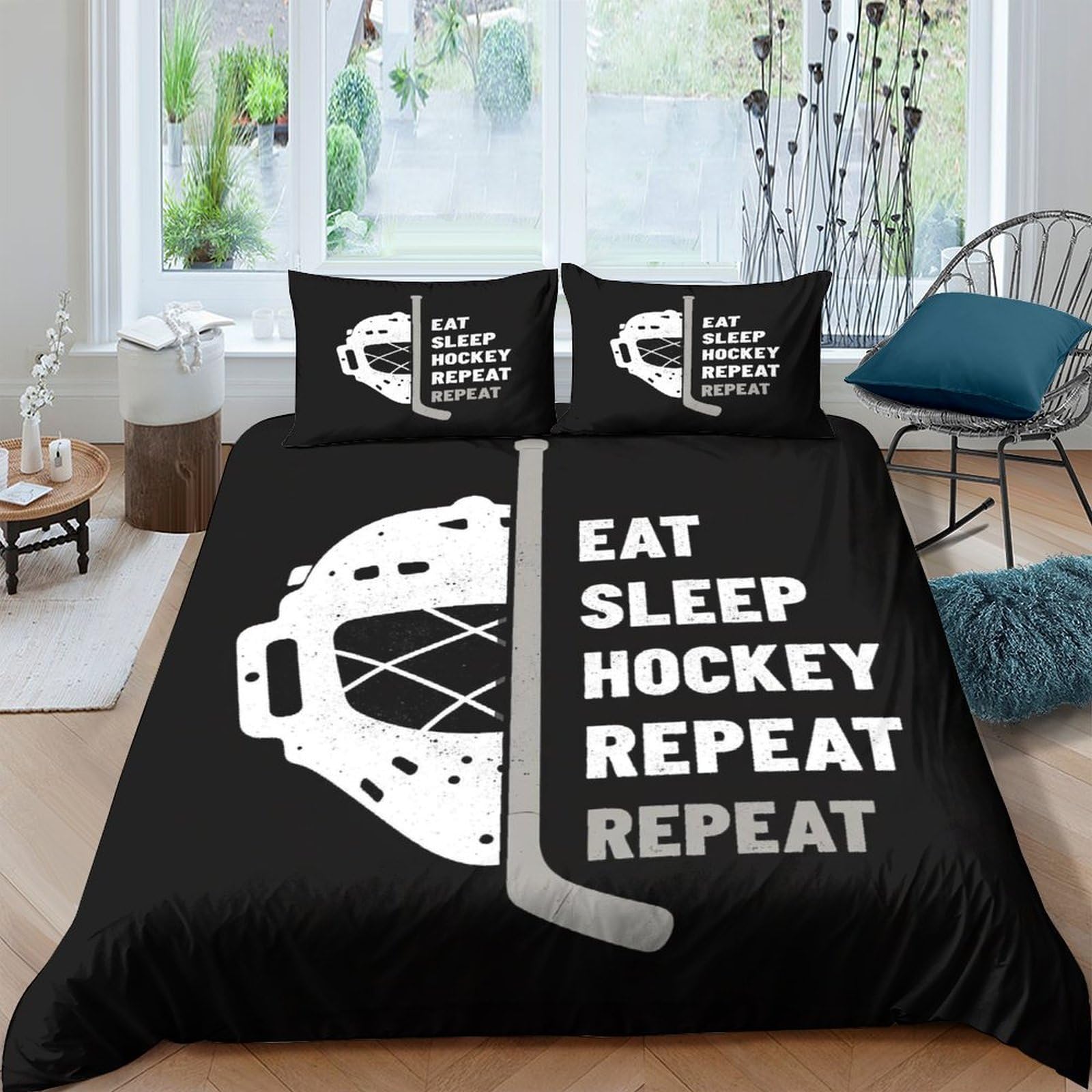 Ctjqhvkz Style-4 3D Printed Eat Sleep Hockey Repeat Fitted Sheet Microfiber Bedroom Decor Anti-Slip Bed Cover For Home Dorm Guest Room Single（135X200cm）