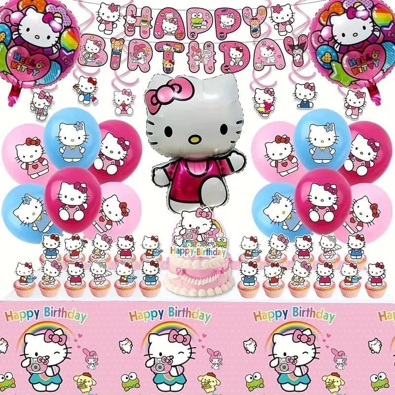 48Pcs - Kitty Birthday Party Decorations Set with Banner Balloons Cake Topper Cupcake Toppers Hanging Swirls Tablecloth