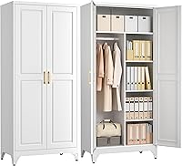 POLUP 71" Metal Armoire Wardrobe Closet - White Steel Cabinet with Adjustable Shelves, Hanging Rod for Bedroom, Office, Gym Storage