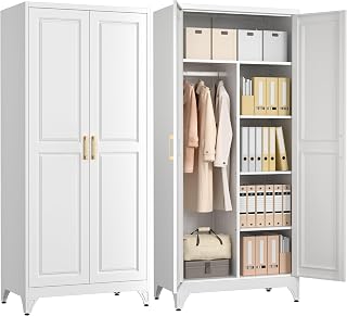 POLUP 71" Metal Armoire Wardrobe Closet - White Steel Cabinet with Adjustable Shelves, Hanging Rod for Bedroom, Office, Gym Storage