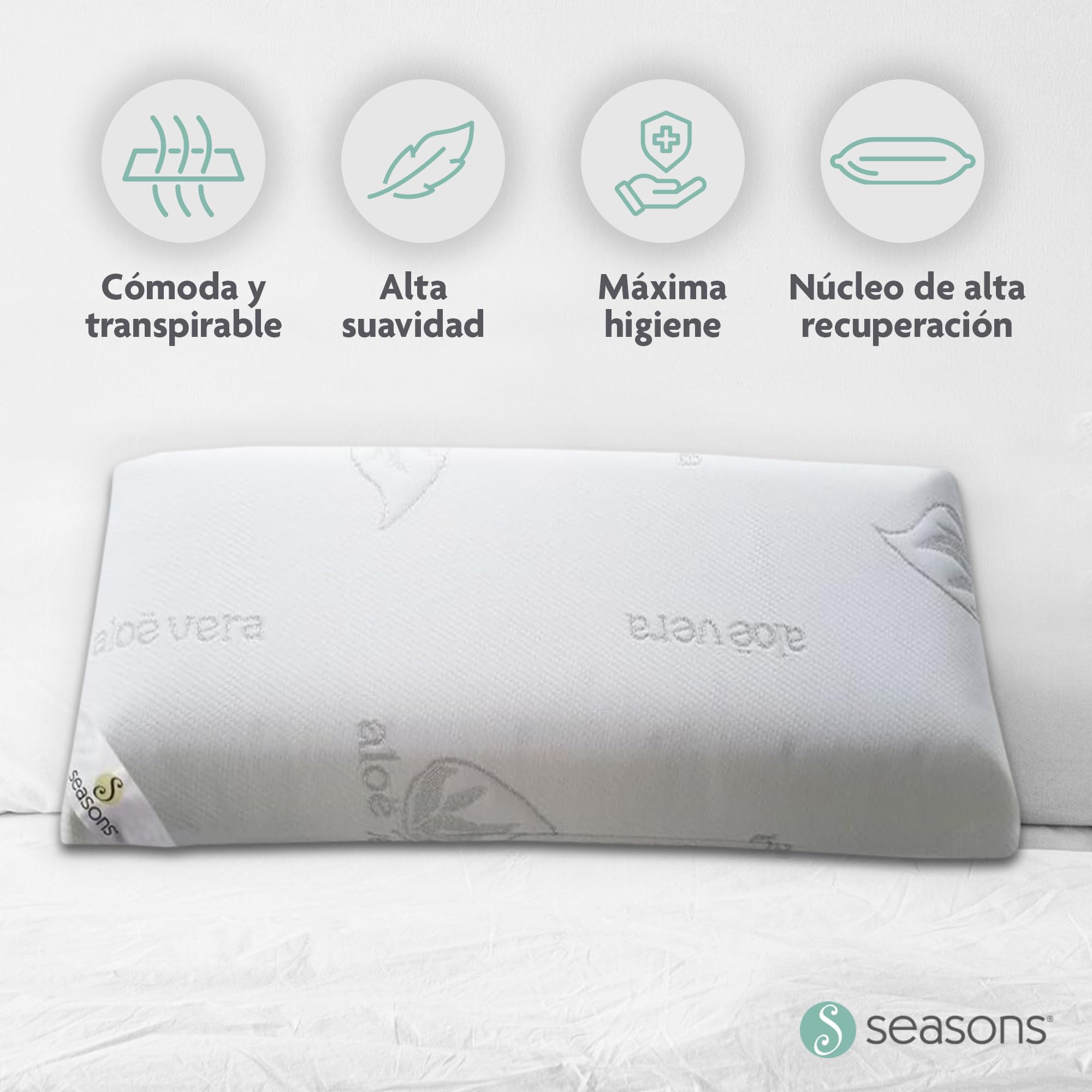 SEASONS - Pack 2 Almohadas Viscoelásticas 80 cm, Antiácaros y Antibacterias, Tejido con Hilo de Plata y Aloe Vera, Doble Funda, Tratamiento con Limpieza de Ozono, Fabricado en España