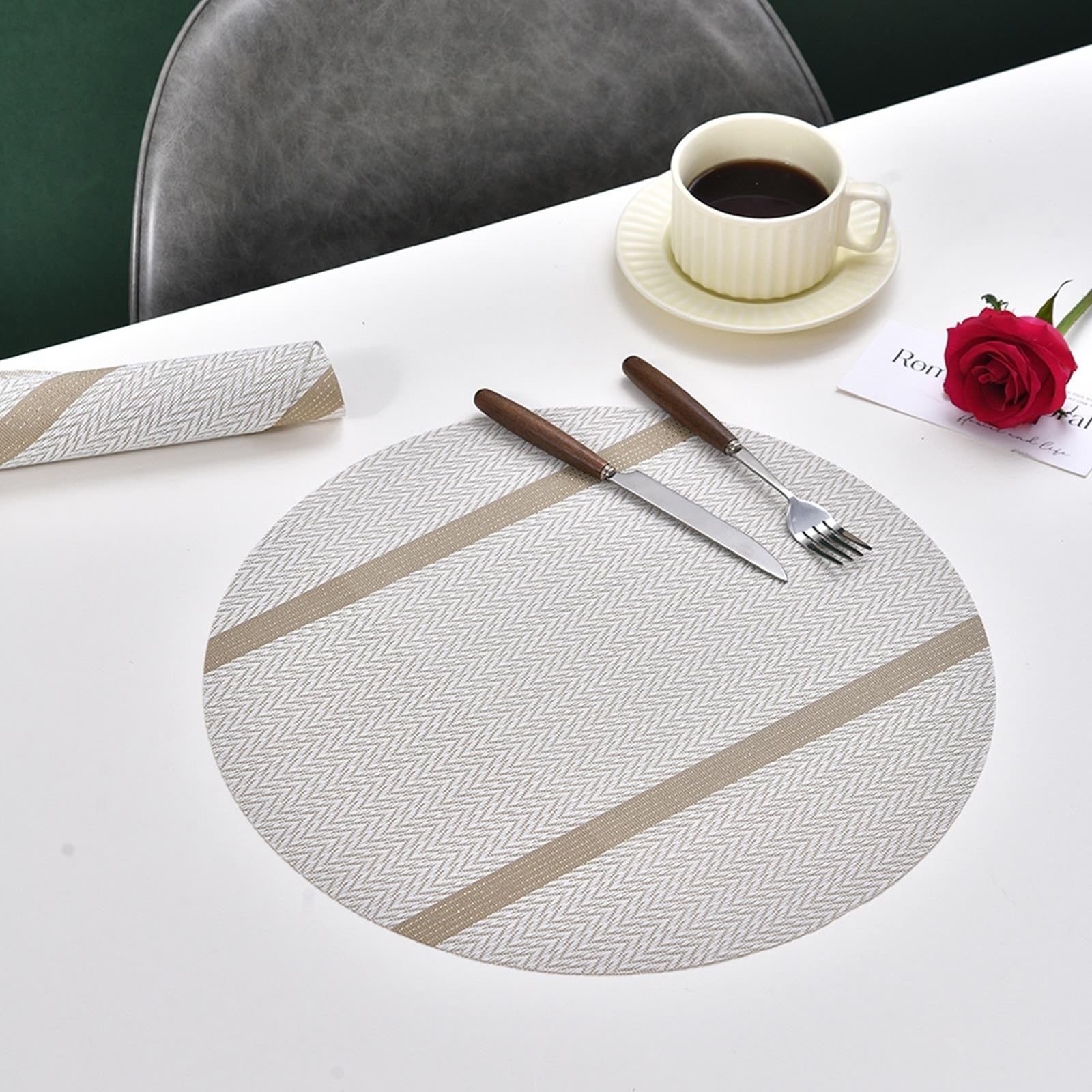 Sets de table tissés 38 cm blanc kaki lot de 2 design rayures ondulées pour repas