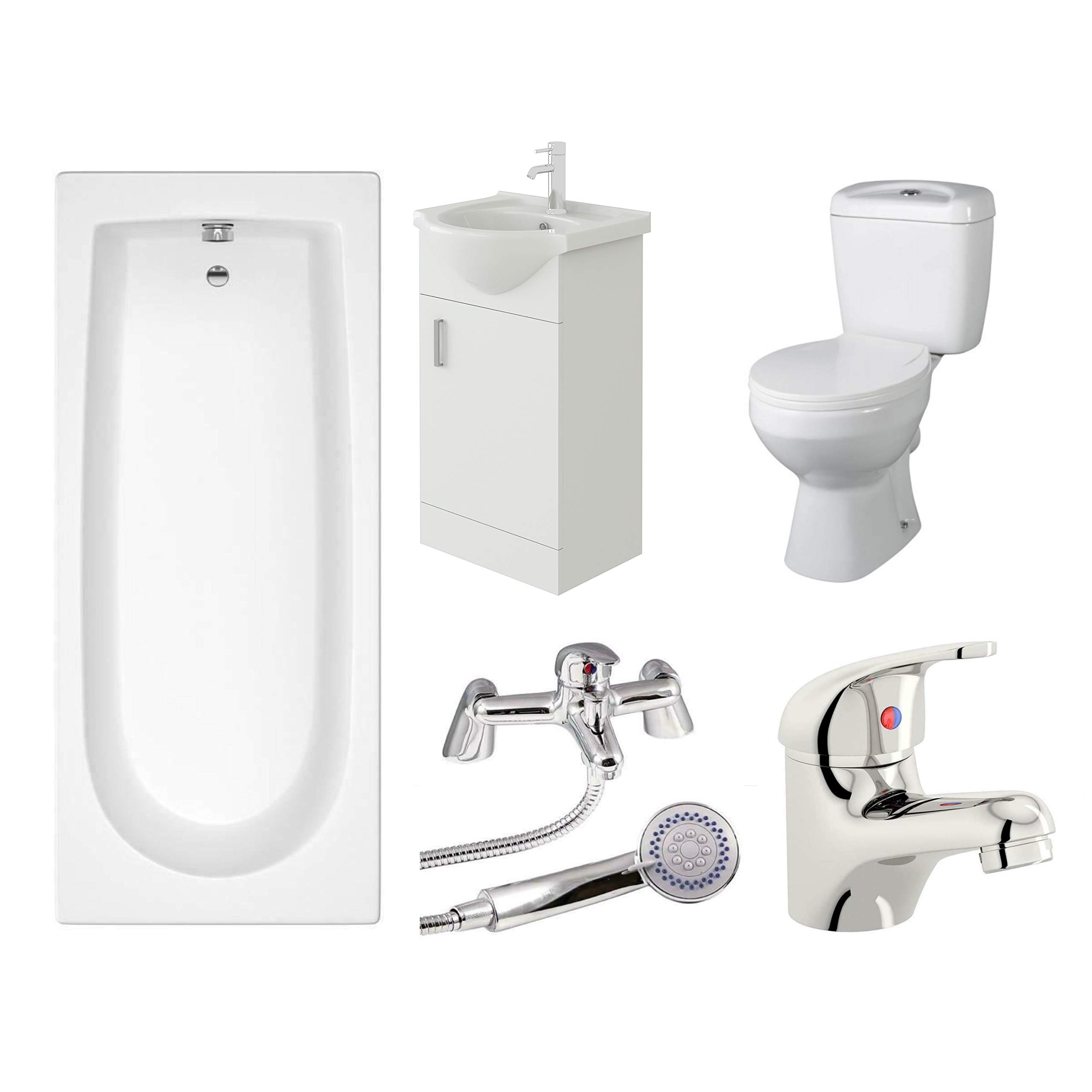 VeeBath Rosina High Gloss White Curve Single Ended 1500mm Modern Bath Toilet Basin Sink Vanity Tap Waste Bathroom Suite